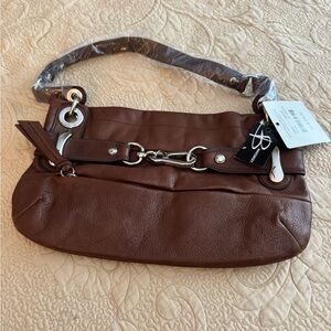 B. Makowsky Brown Leather Shoulder Bag with Silver Accents